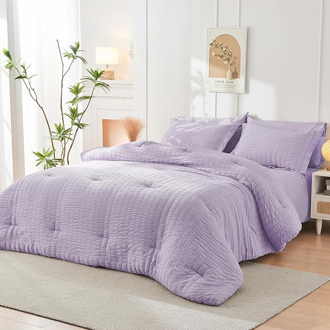 HYMOKEGE Lavender Duvet Cover Queen Size, Ultra Soft 3-Piece Seersucker Duvet Cover Set with Zipper Closure, Soft Brushed Microfiber Bedding Set with 8 Corner Ties (90"x90", 2 Pillowshams)