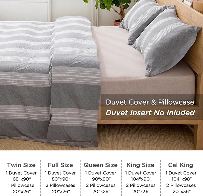 TOCOMOA Striped Duvet Cover Set 100% Natural Cotton Soft Comfy Breathable 3 Piece Light Grey and White Pattern Printed Comforter Cover Bedding Set (Queen 90"x90", Comforter Not Included)