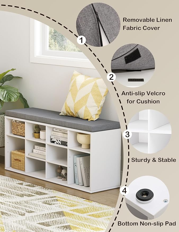 DINZI LVJ Shoe Storage Bench with Cushion, Cubby Shoe Rack with 12 Cubbies, Adjustable Shelves, Multifunctional Shoe Organizer Bench for Entryway, Mudroom, Hallway, Closet and Garage, White