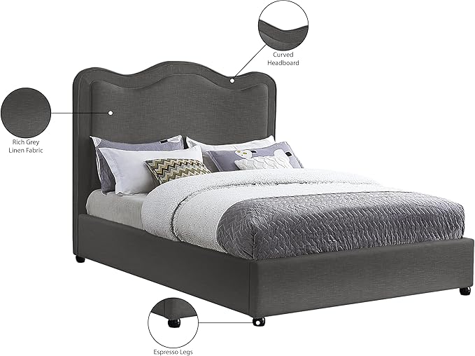 Meridian Furniture FelixGrey-F Felix Collection Modern | Contemporary Linen Textured Fabric Upholstered Bed with Curved Headboard and Espresso Wood Legs, 59.5" W x 81" D x 55.5" H, Grey, Full