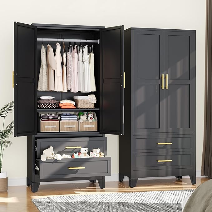 erosoei Metal Armoire Wardrobe Closet, 71 "Metal Clothing Storage Cabinet with Adjustable Shelves and Hanging Rod, Household Steel Wardrobe Storage Cabinet with Drawers (Armoire-Black)