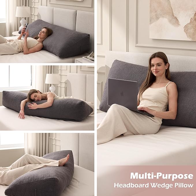 Headboard Pillow Twin, Triangle Bed Wedge Pillow for Headboard, Backrest Pillow for Sitting up, Reading, Working, Headboard Daybed Pillow with Removable Cover for Bed, Dorm Sofa, Dark Grey
