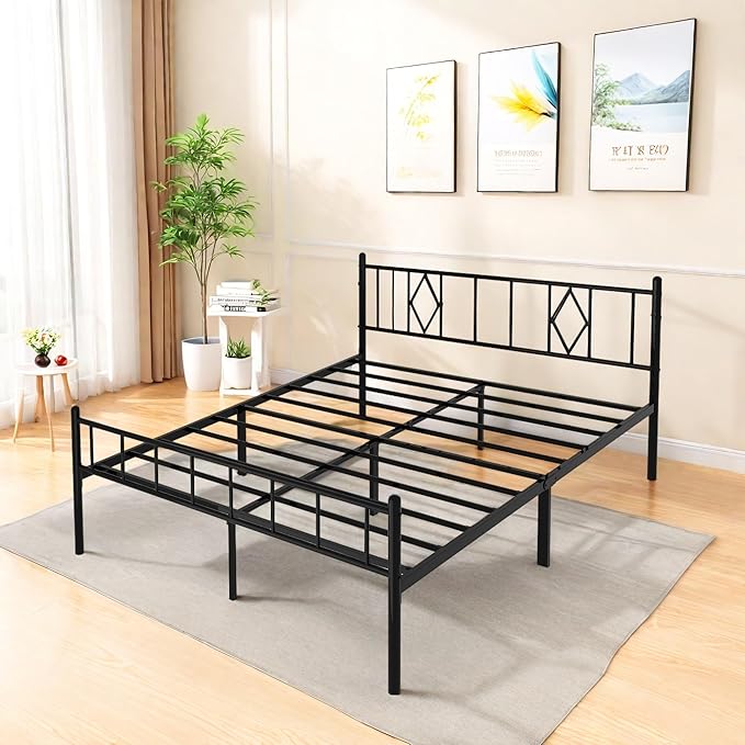FONTOI Queen Size Bed Frame, 14 Inch Metal Platform Bed with Iron-Art Headboard & Footboard, Max 3500lbs Metal Slat Support, Bed Frame with No Box Spring Needed, Under Bed Storage, Black