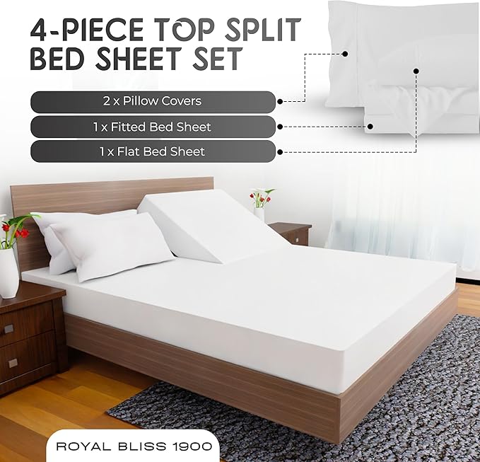 Top Split California King - 4 Pcs Set - Cal King Split Top Deep Pocket Sheet Set - Split Top California King Sheets Sets for Adjustable Bed - Double Brushed Microfiber (White)