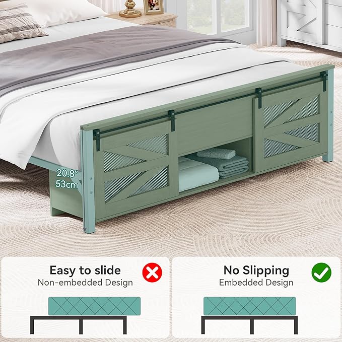 YITAHOME Queen Size Farmhouse Bed Frame with Sliding Barn Door Storage Cabinets, Platform Bed Frame with 47.2" Headboard, Solid Metal Slats Support, Noiseless, No Box Spring Needed, Oak