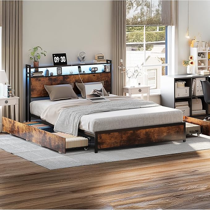 VINGLI Queen Bed Frame with 4 Storage Drawers and Headboard, Metal Platform Panel Bed with Charging Station and RGB LED Lights, No Box Spring Needed, Noise Free, Easy Assembly, Vintage Brown