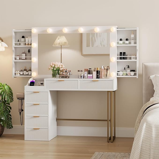 Feonase Vanity Desk, White 43'' Large Makeup Vanity Desk with Mirror and 12 Lights, 3 Color Modes, Glass Top Makeup Table with 6 Drawers and 2 Side Cabinets, Built in Charging Station