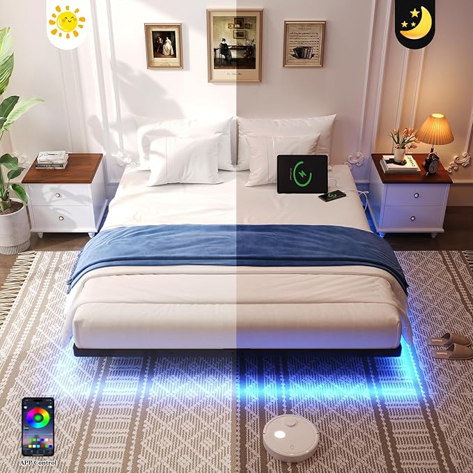 Awesofurni Floating Bed Frame King Size with Smart LED Lights and Charging Station, Heavy Duty Modern Metal Platform Bed No Box Spring Needed - Easy Assembly and Noise Free