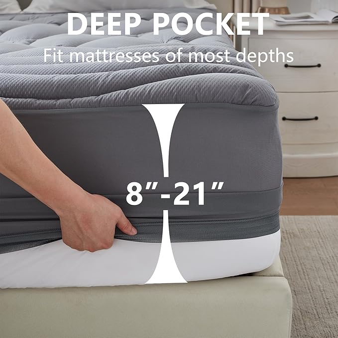 ELVEN HOME Full Size Mattress Pad Waterproof, Cooling Mattress Topper for Double Bed, Pillow Top Quilted Fitted Mattress Protector Cover with 8-21" Deep Pocket (54x75 inch, Grey)