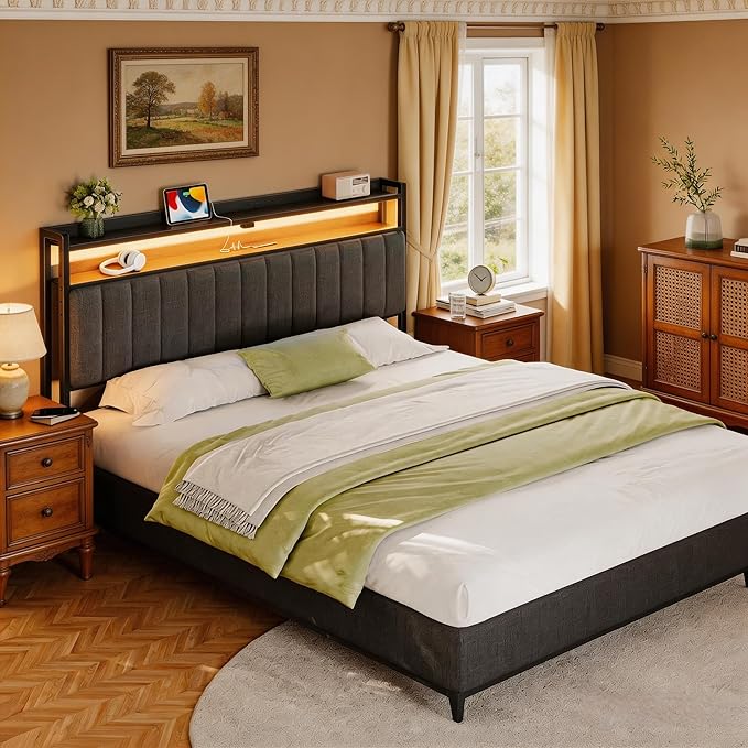 Rolanstar Headboard for Full Size Bed with Storage, Head Board with USB & Type C Port, 60,000 DIY Color of LED Light, Upholstered, Height Adjustable, Sturdy, Easy Assembly, Linen