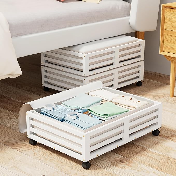 Wisuce Bamboo Under Bed Storage Containers- Underbed Organizer with Wheels with Dust Bag,Sturdy Wood Rolling Under the Bed Shoe Storage Organizer Drawers (White, 2 Pack (23.62"×16.54"))