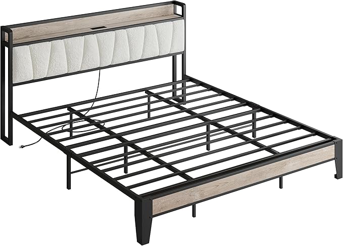LIKIMIO California King Bed Frames, Bouclé Storage Headboard with Charging Station, Solid and Stable, Noise Free, No Box Spring Needed, Easy Assembly