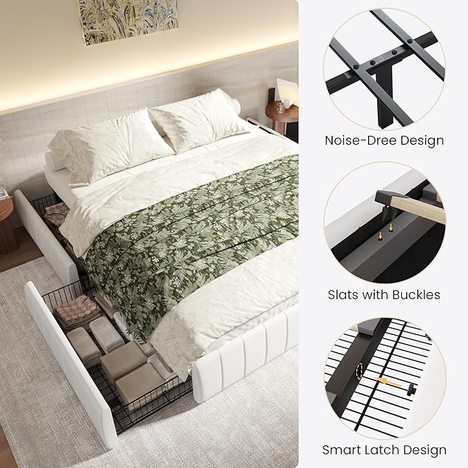 SHA CERLIN King Size Velvet Upholstered Platform Bed Frame with 4 Storage Drawers, Vertical Channel Tufted, Low Profile, Fits Standard Headboards, Wooden Slats Support, Easy Assembly, White