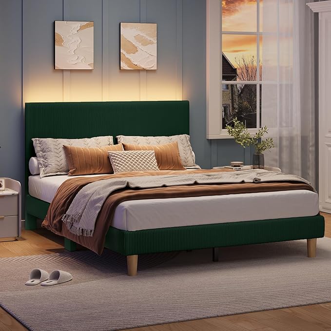 Bestier Full Bed Frame with Headboard,Full Size Bed with LED Light,Vertical Channel Tufted Corduroy Upholstered, Solid Wooden Slats Support, No Box Spring Needed, Never Squeaks, Easy Assembly,Green