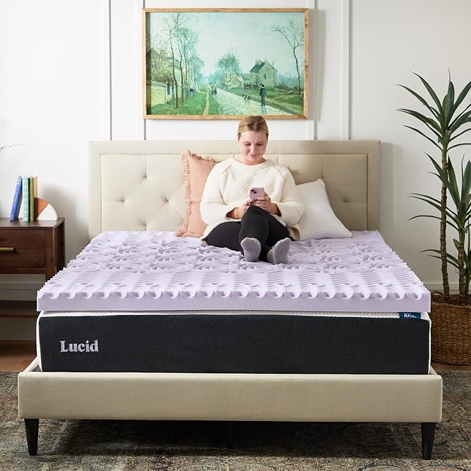 LUCID Lavender Infused 3 Inch Memory Foam Mattress Topper with 5 Zones – Queen Size – Plush Feel – CertiPUR Certified – Dorm Room Essentials