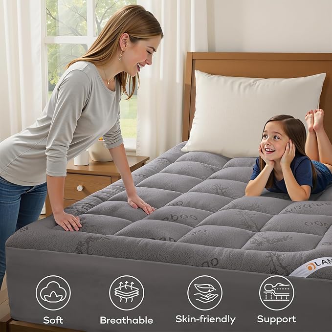 OLANLY King Mattress Topper – Viscose Made from Bamboo, Cooling Soft King Pillow Top Mattress Pad for Back Pain Relief, Plush Down Alternative Fill Bed Topper with Elastic Deep Pocket, Light Gray