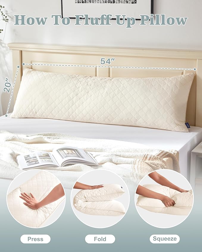 YZ HOME Long Body Pillow for Adults, Firm Body Pillow Shredded Memory Foam, Adjustable Height,Support for Side Sleeping & Pregnant Women (Beige, 20x54 Inch)