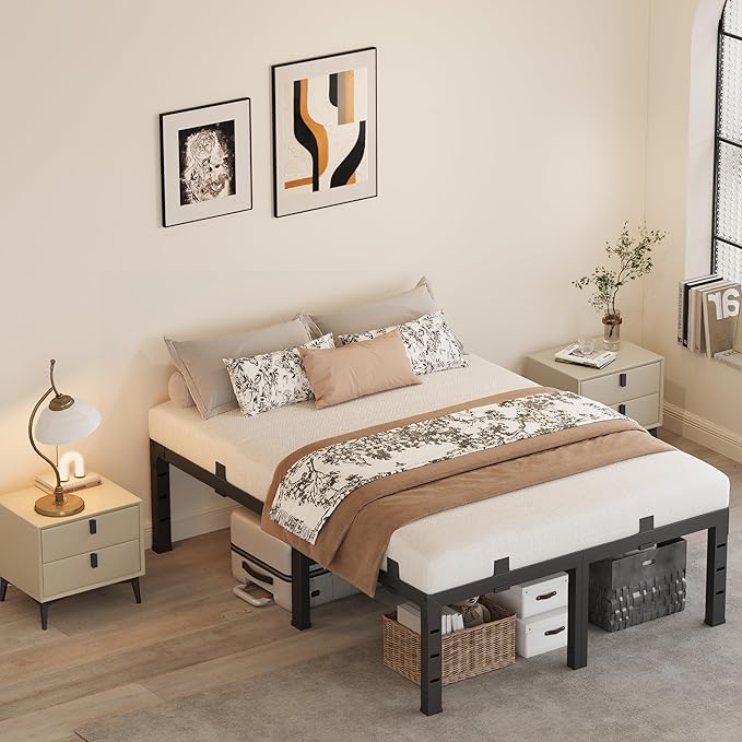16 Inch Cal King Bed Frames, Heavy Duty Metal California Platform 3500 lbs Capacity, No Box Spring Needed, 6 Mattress Slide Stopper, Headboard Holes, Noise-Free, Easy Assembly