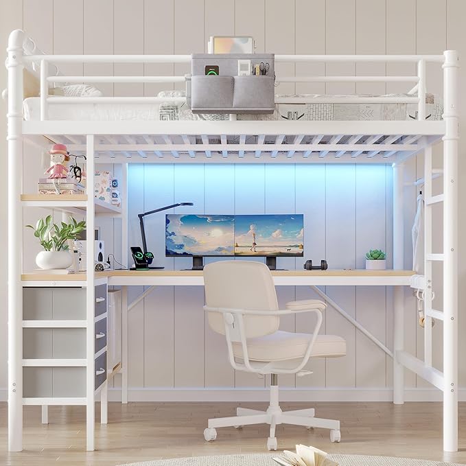 Jocoevol Full Size Loft Bed with L-Shaped Desk, LED Lights,Charging Station, Industrial Heavy Duty Metal Loft Bed Frame with 3 Storage Shelves and 3 Fabric Drawers, Safety Guard & Ladder, White