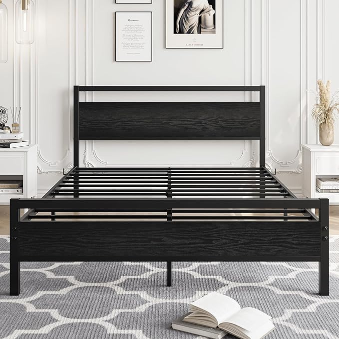 HOJINLINERO Full Size Bed Frame with Headboard,Platform Metal Bed Frame Full Size,Black Wood Bed Frame No Box Spring Needed Heavy Duty Metal Slats Support,Mattress Beds Base,Noise Free,Easy Assembly
