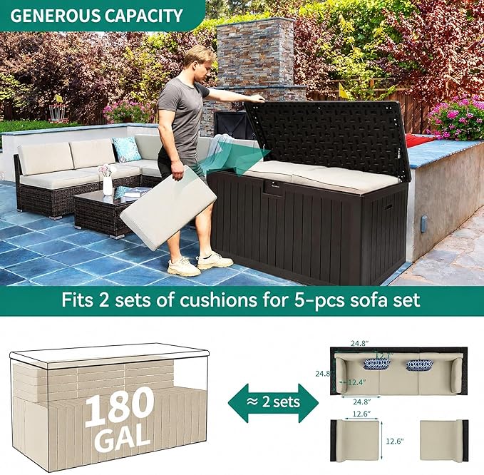YITAHOME XL 180 Gallon Large Deck Box,Outdoor Storage for Patio Furniture Cushions,Garden Tools,Waterproof,Lockable (Black)