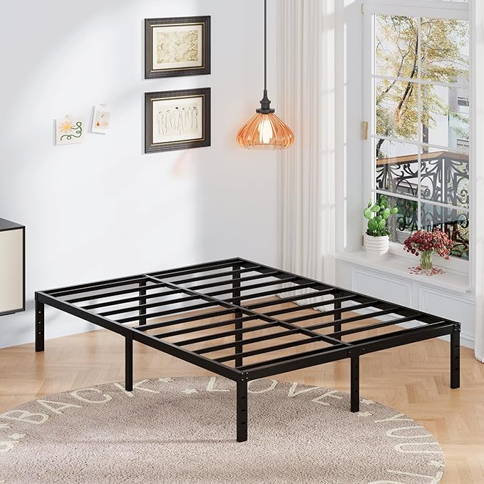 Upcanso 16 Inch Queen Bed Frame with White Skirt Cover, Metal Bed Frame Queen Size with Storage, No Box Spring Needed, Heavy Duty, Easy Assembly, Noise Free, Mattress Foundation