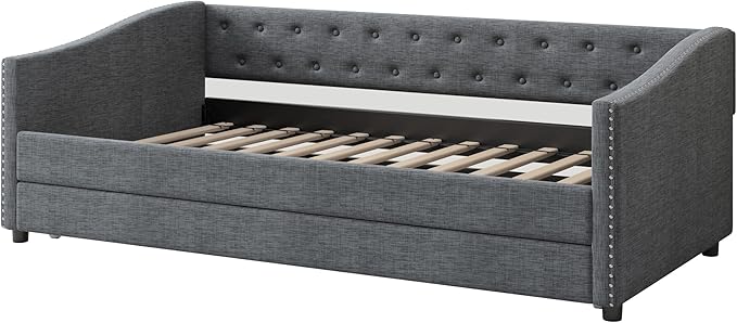 Upholstered Daybed with Trundle, Twin Size Day Bed w/Button-Tufted Back and Piping on Waved-Shape Arms for Bedroom or Guest Room, No Box Spring Required, Dark Gray