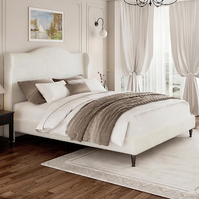 Queen Bed Frame with Wingback Headboard, Upholstered Boucle Platform Bed Frame Easy Assemnly, Solid Wooden Slats Support, Noise-Free, No Box Spring Needed, Soft Cloud Bed for Bedroom, Cream