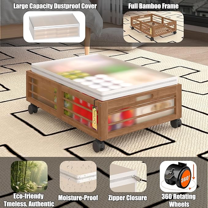 Bamboo Underbed Storage Containers with Wheels & Bag 2 Pack, Large Under Bed Rolling Storage Bins Wood Under Bed Clothes Storage Stackable Drawers for Bedroom Closet Under Crib Toy(Walnut)