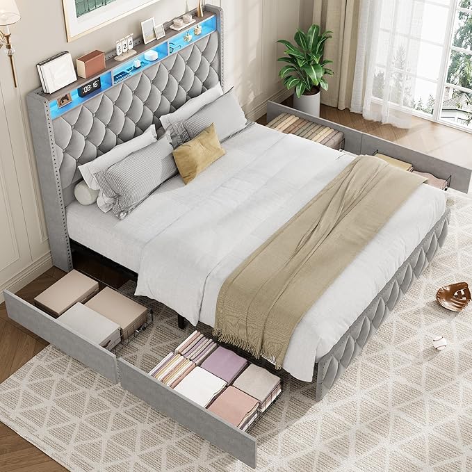 GarveeHome King Size Bed Frame with 50.8" Tall Headboard, Platform Velvet Upholstered Bed Frame with 4 Storage Drawers, USB Charging Station, Led Lights, No Box Spring Needed, Easy Assembly, Dark Grey