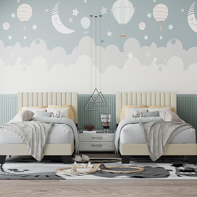 Twin Bed Frame, Velvet Upholstered Platform Bed Frame with Adjustable Headboard, Vertical Quilted Design, Sturdy Slatted Mattress Base, Easy to Assemble, White