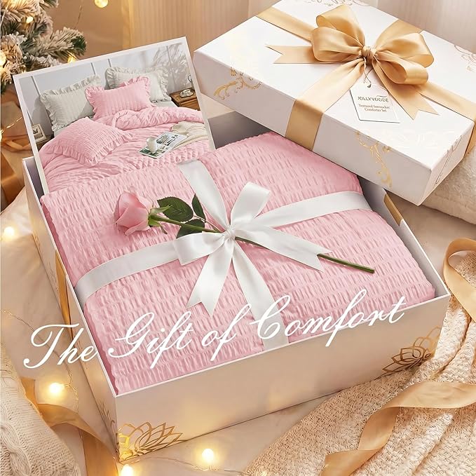JOLLYVOGUE Pink Twin Size Comforter Set, 2 Pieces Seersucker Lightweight Fluffy Bedding Set, Twin Ruffle Comforter, All Season Soft Microfiber Shabby Chic Bed Set