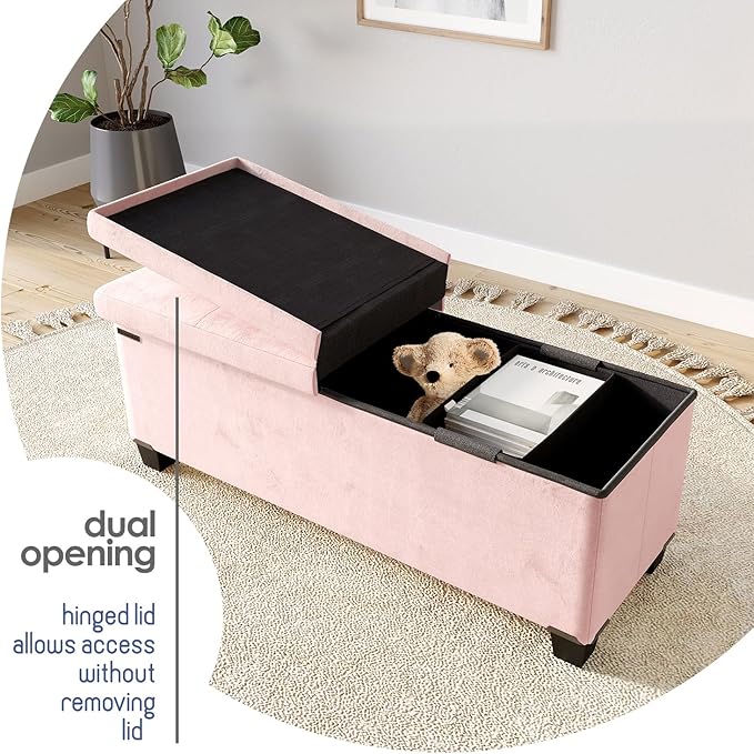 Storage Ottoman Bench with Bins, 43-in Storage Bench for Bedroom End of Bed, Folding Foot Rest Ottoman for Living Room Max 660lbs, Velvet Ottomans, Pink