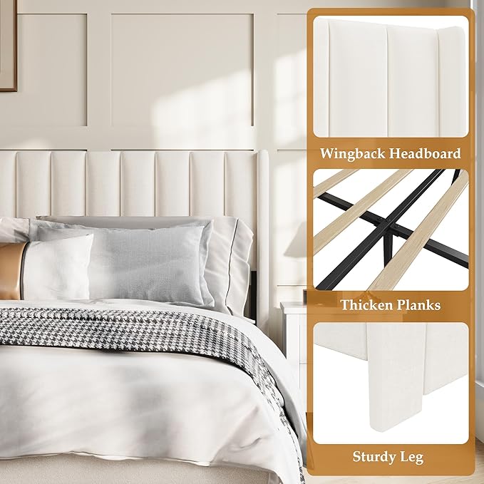 IDEALHOUSE King Bed Frame with Wingback Headboard, Velvet Upholstered Platform Bed with 2 Storage Drawers, Vertical Tufted Headboard Design, Wooden Slats Support, No Box Spring Needed, White