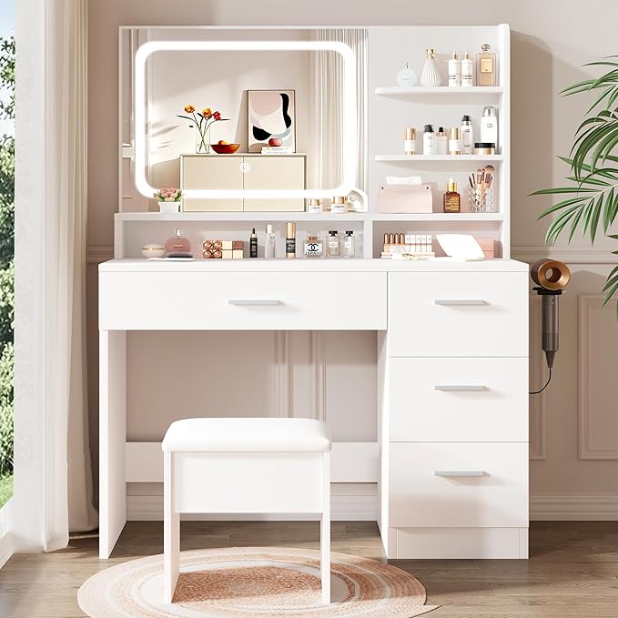 LIVELYGLOW Makeup Vanity Desk with Smart LED Mirror & Charging Station, 35.4" White Vanity Table Set with Cushioned Stool, 4 Drawers & Hairdryer Rack, Modern Bedroom Dressing Table-White