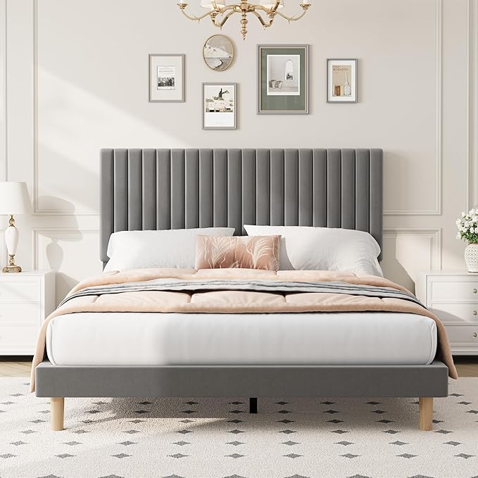 IDEALHOUSE King Bed Frame with Adjustable Headboard, Velvet Upholstered Platform King Size Bed Frame, Vertical Channel Tufted, Strong Wooden Slats, No Box Spring Needed, Easy Assembly, Grey