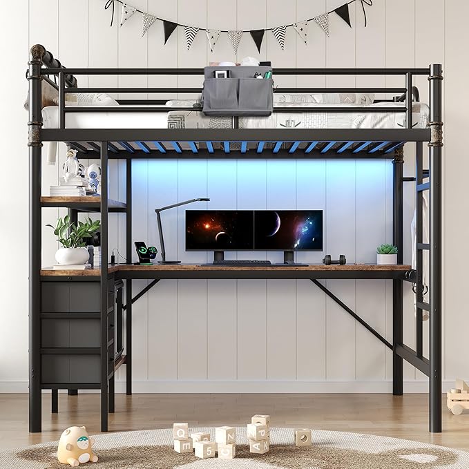 Twin Size Loft Bed with L-Shaped Desk, LED Lights,Charging Station, Industrial Heavy Duty Metal Loft Bed Frame with 3 Storage Shelves and 3 Fabric Drawers, Safety Guard & Ladder, Vintage Brown