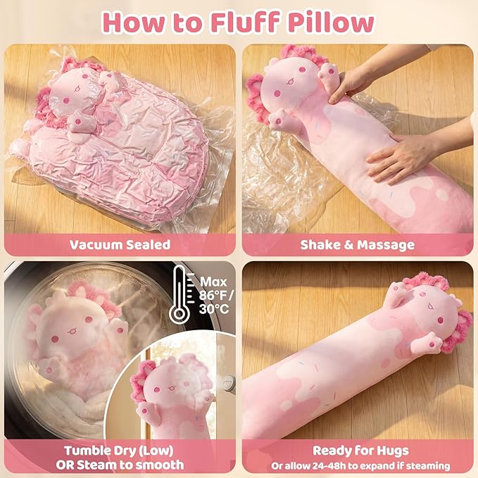 Mewaii Long Axolotl Plush 5 Sizes, 120% Extra Filling Giant Plushness Kids Body Pillow, Kawaii Cute Pink Axolotl Stuffed Animals Plushies, Big Long Body Pillow Cat Plush Gift for Girls 44”