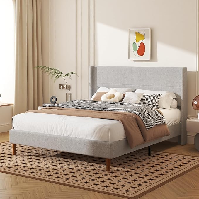 Queen Size Bed Frame, Linen Upholstered Platform with Wingback Headboard, Wooden Slats Support, No Box Spring Needed, Easy Assembly, Lightgrey