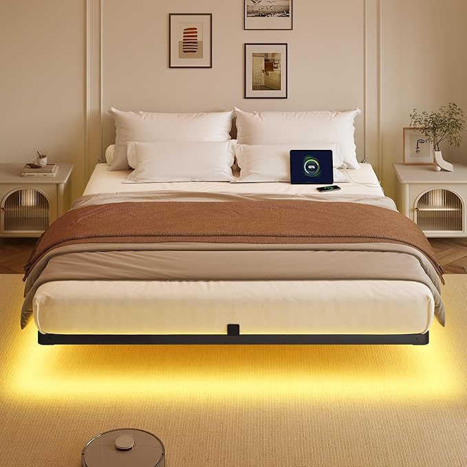 Decofy King Size Floating Bed Frame with LED Lights and Charging Station, Modern Minimalist Design, No Spring Mattress Required, Easy to Assemble