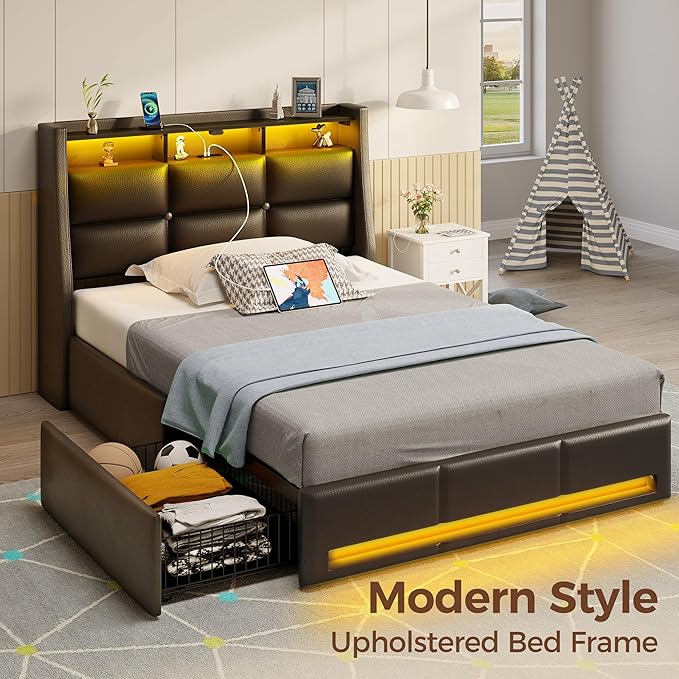 Rolanstar Twin Size Bed Frame with LED Lights and Charging Station, PU Leather Bed Storage Headboard & Drawers, Heavy Duty Wood Slats, Easy Assembly, Black