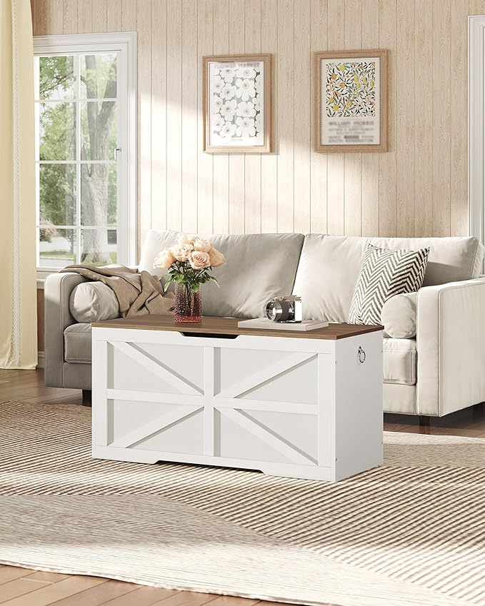 CHOEZON Storage Chest, 39.4" Toy Chest, Modern Storage Bench with Safety Hinge, Toy Box, Farmhouse Style, for Bedroom, Living Room, Walnut and White MCW10WL
