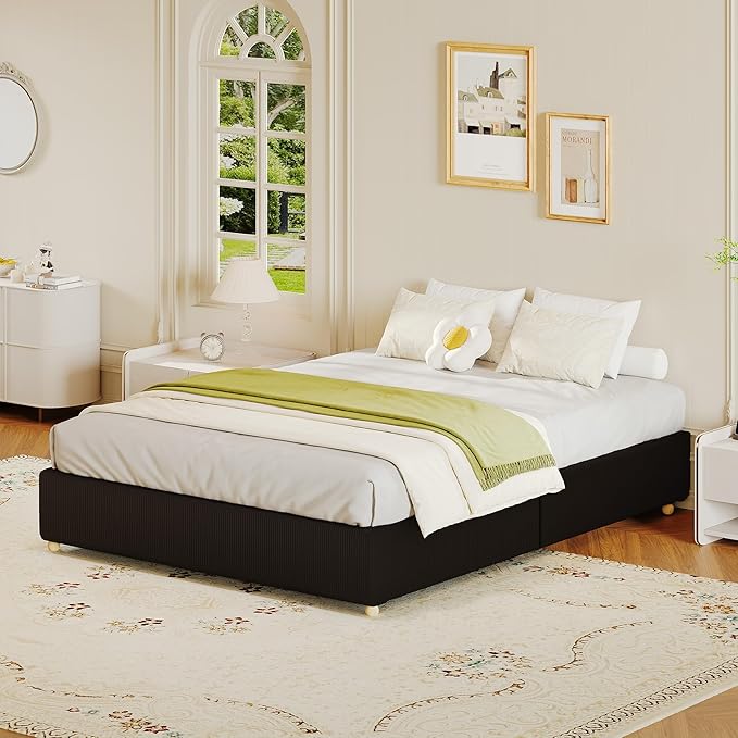 GarveeHome Full Size Cloud Bed Frame,Corduroy Low Bed Frame Without Headboard, Thick Fabric Upholstered Platform Bed, Solid Wood Legs, No Box Spring Needed, Never Squeak, Easy Assembly, Black