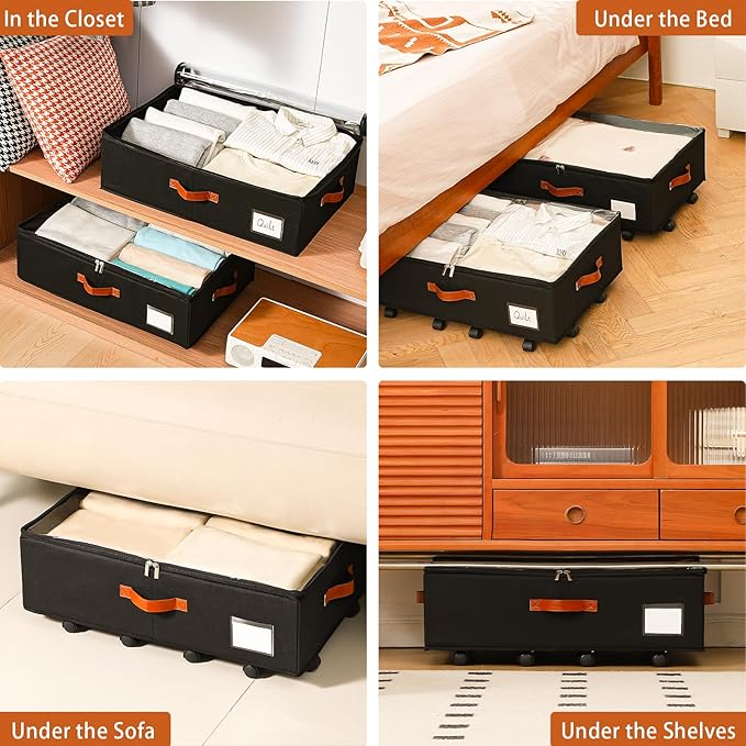 Freebat Under Bed Storage Organizer with Wheels, Underbed Container with Clear Lid Cover, Storage Bag Box with Visiable Window for Clothes, Bedsheet, Pillow, 2 Pack,7.5 inches