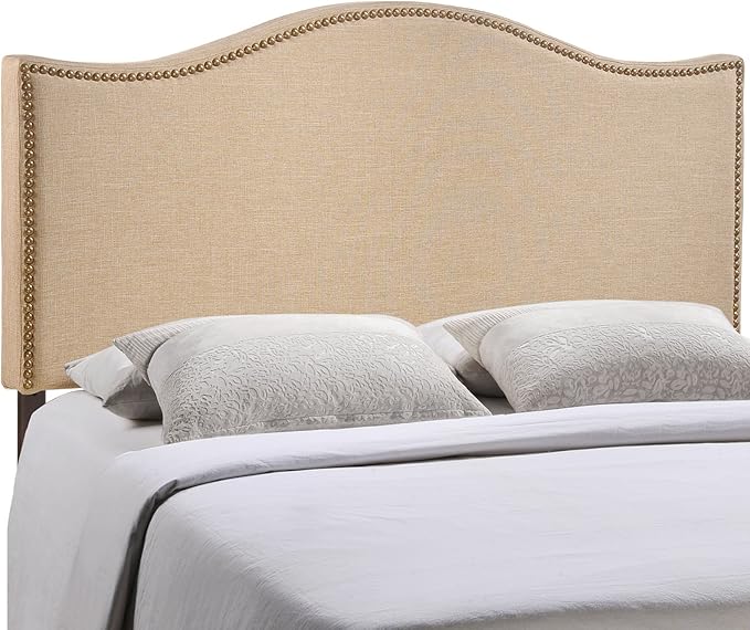 Modway Curl Linen Fabric Upholstered Queen Headboard with Nailhead Trim and Curved Shape in Café