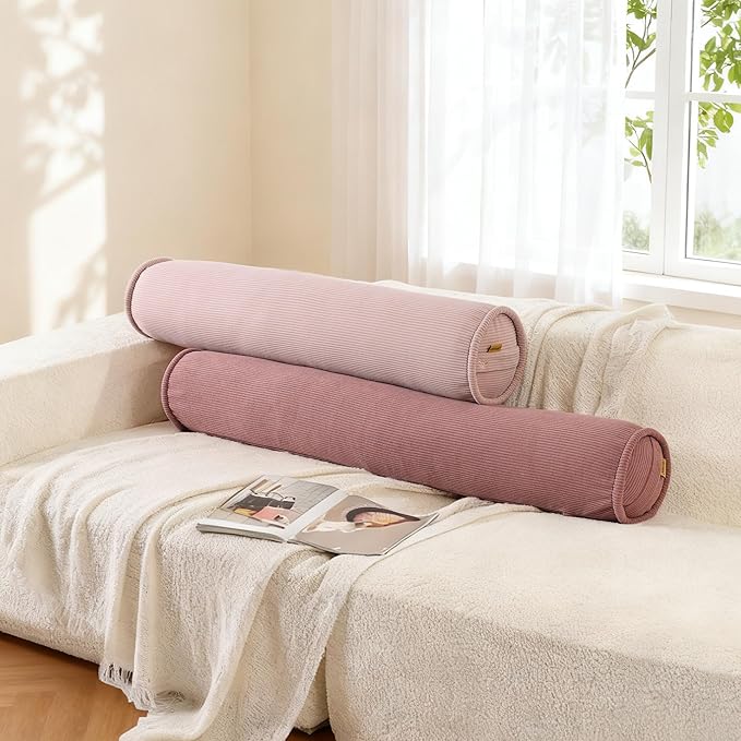 Corduroy Body Pillow,Large Round Bolster Roll Pillow for Side Sleepers, Tube-Style Hugging Body Pillow for Bed & Sofa, Removable Washable Cover,39 x 7.87 Inches,Pink