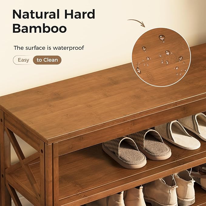 Bamworld Shoe Rack Bench with Storage 3 Tier Bamboo Shoe Bench Entryway Rustic Entryway Bench (X-Brown, 23.6 Inch