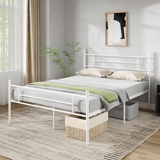Novilla Metal Full Size Bed Frame with Headboard and Footboard, 14 Inch Platform Bed Frame with Storage No Box Spring Needed, Strong Metal Slats Support, White