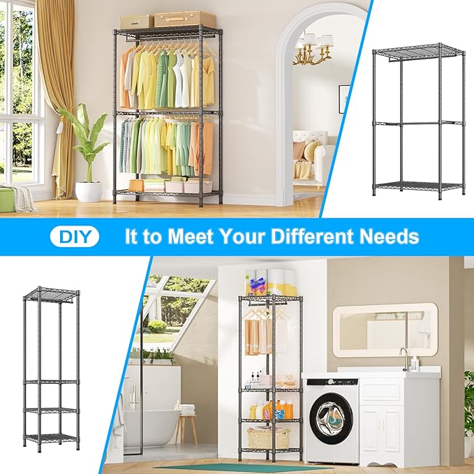 Ulif E10 Clothes Rack(With Stretchable Hanger Rod)Freestanding Clothing Racks for Hanging Clothes,Adjustable Closet Organizer System,Portable Garment Rack 73-97" W x 15" D x 72" H,Max Load 800LBS,Grey