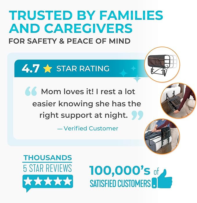 Stander EZ Adjust Bed Rail, Adjustable Senior Bedrail and Safety Assist Railing for Elderly Adults with Organizer Pouch, ASTM Safety Approved Guard-Rail, Black